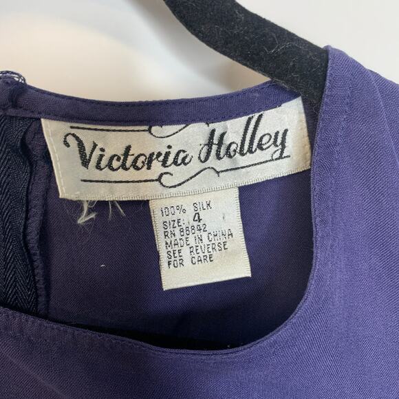 Vintage Blue Purple A Line Dress 100% Silk Sz 4 - Picture 8 of 10